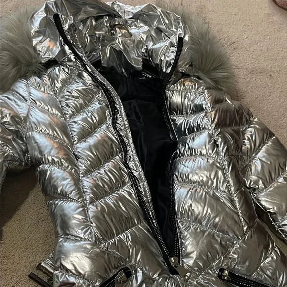 Long Silver Puffer Coat with Hood - Picture 2 of 8